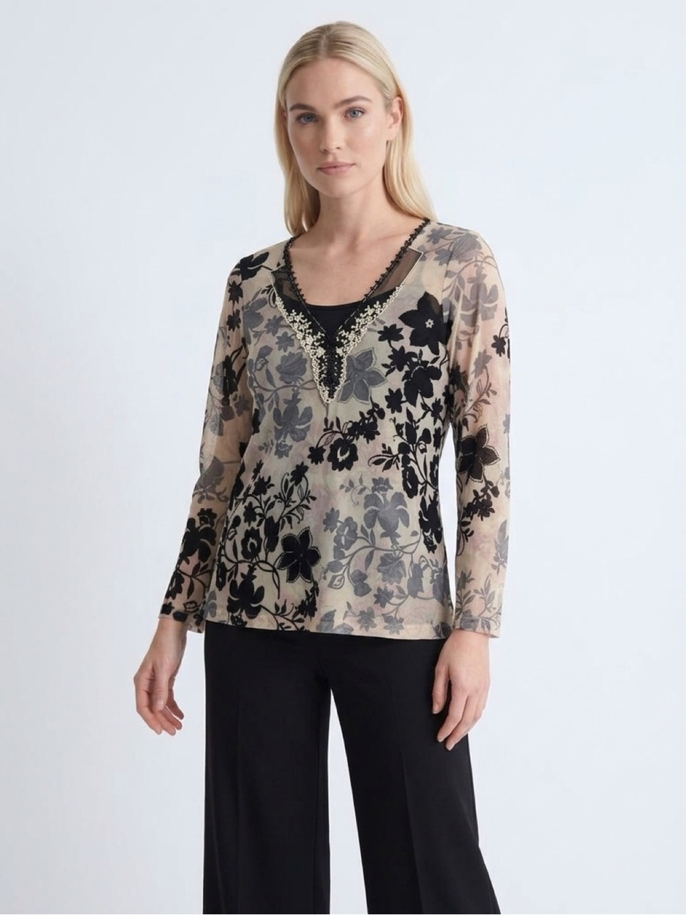Vintage Y2K Karen Kane Womens Top 2X Black White Floral Sheer Long Sleeve